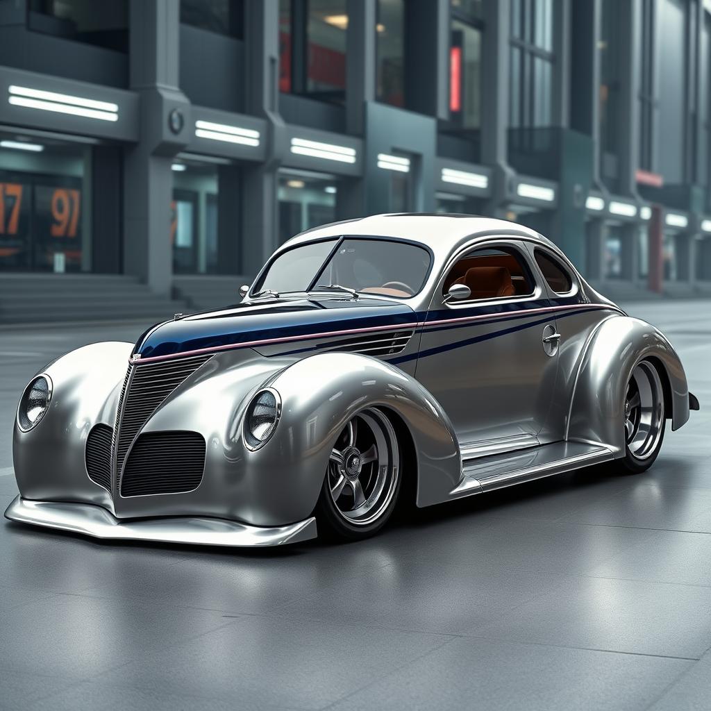 A stunning 1939 Chevrolet coupe with a sleek custom hood, designed as an exotic supercar