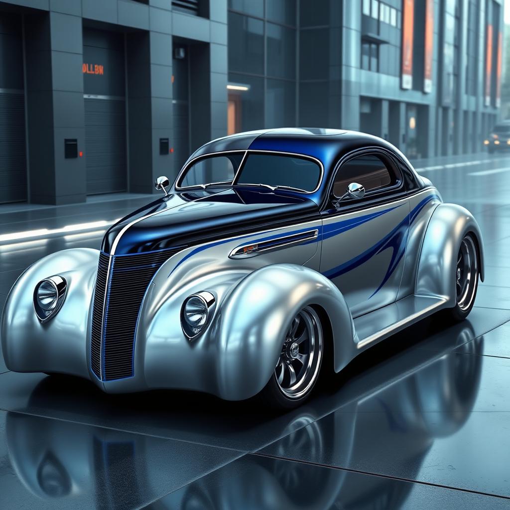 A stunning 1939 Chevrolet coupe with a sleek custom hood, designed as an exotic supercar