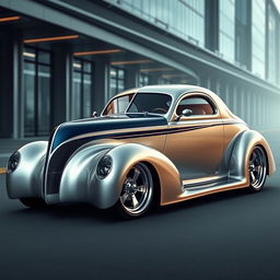 A stunning 1939 Chevrolet coupe with a sleek custom hood, designed as an exotic supercar