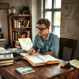 A 30-year-old male travel guide writer sitting at a rustic wooden desk, surrounded by travel books and maps, wearing a casual outfit with glasses, looking thoughtfully at a notebook with notes and sketches