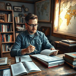 A 30-year-old male travel guide writer sitting at a rustic wooden desk, surrounded by travel books and maps, wearing a casual outfit with glasses, looking thoughtfully at a notebook with notes and sketches