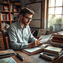 A 30-year-old male travel guide writer sitting at a rustic wooden desk, surrounded by travel books and maps, wearing a casual outfit with glasses, looking thoughtfully at a notebook with notes and sketches