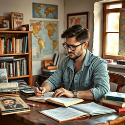 A 30-year-old male travel guide writer sitting at a rustic wooden desk, surrounded by travel books and maps, wearing a casual outfit with glasses, looking thoughtfully at a notebook with notes and sketches