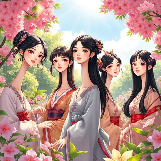 A hyper-realistic illustration featuring a group of Asian girls with extraordinarily long necks in a lush, vibrant setting