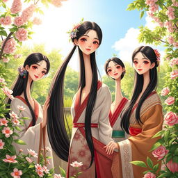 A hyper-realistic illustration featuring a group of Asian girls with extraordinarily long necks in a lush, vibrant setting