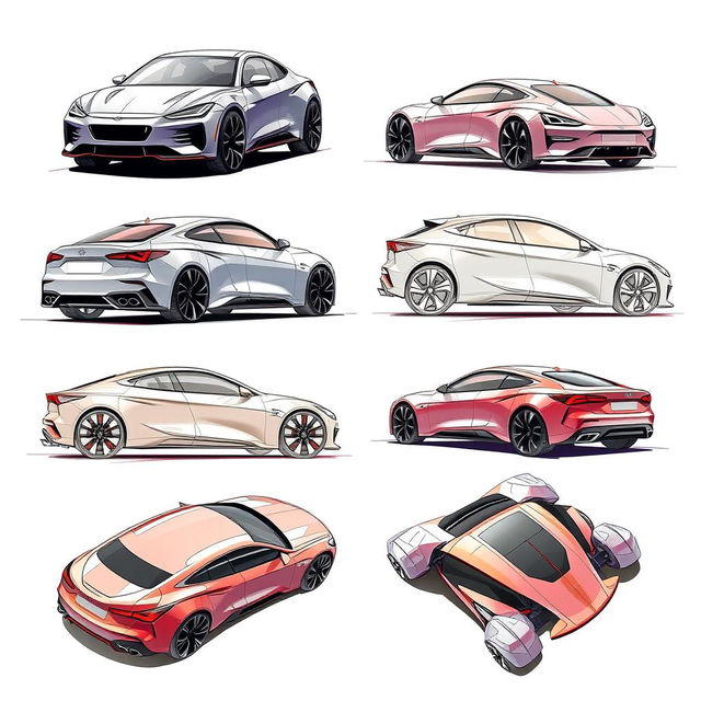 A visually striking set of 6 super sketch photos featuring a single model car, displayed from multiple perspectives: front view, back view, right side view, left side view, top view, and a dynamic angled view