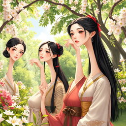 A hyper-realistic illustration featuring a group of Asian girls with extraordinarily long necks in a lush, vibrant setting