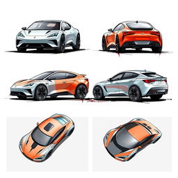 A visually striking set of 6 super sketch photos featuring a single model car, displayed from multiple perspectives: front view, back view, right side view, left side view, top view, and a dynamic angled view