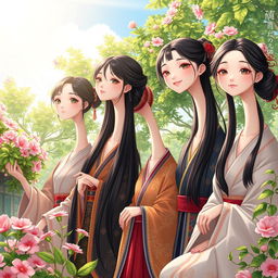 A hyper-realistic illustration featuring a group of Asian girls with extraordinarily long necks in a lush, vibrant setting