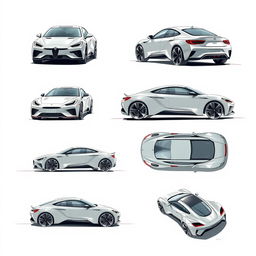 A visually striking set of 6 super sketch photos featuring a single model car, displayed from multiple perspectives: front view, back view, right side view, left side view, top view, and a dynamic angled view