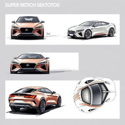 A visually striking set of 6 super sketch photos featuring a single model car, displayed from multiple perspectives: front view, back view, right side view, left side view, top view, and a dynamic angled view