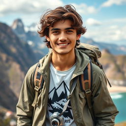 Mateo Cruz, a 28-year-old adventurous young man with dark brown, slightly wavy hair reaching his shoulders