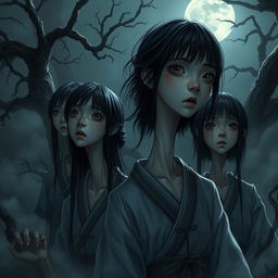 A hyper-realistic horror illustration featuring a group of Asian girls with extraordinarily long necks, set in a dimly lit, eerie environment