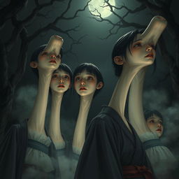 A hyper-realistic horror illustration featuring a group of Asian girls with extraordinarily long necks, set in a dimly lit, eerie environment