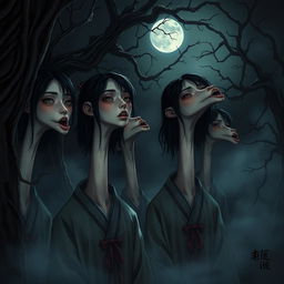 A hyper-realistic horror illustration featuring a group of Asian girls with extraordinarily long necks, set in a dimly lit, eerie environment