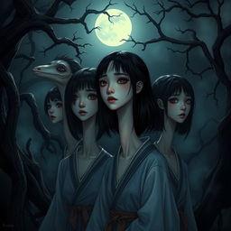 A hyper-realistic horror illustration featuring a group of Asian girls with extraordinarily long necks, set in a dimly lit, eerie environment