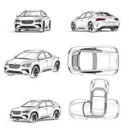 A captivating collection of 6 super sketch photos showcasing a single model car, illustrating views from multiple angles: front view, back view, right side view, left side view, top view, and an overhead view