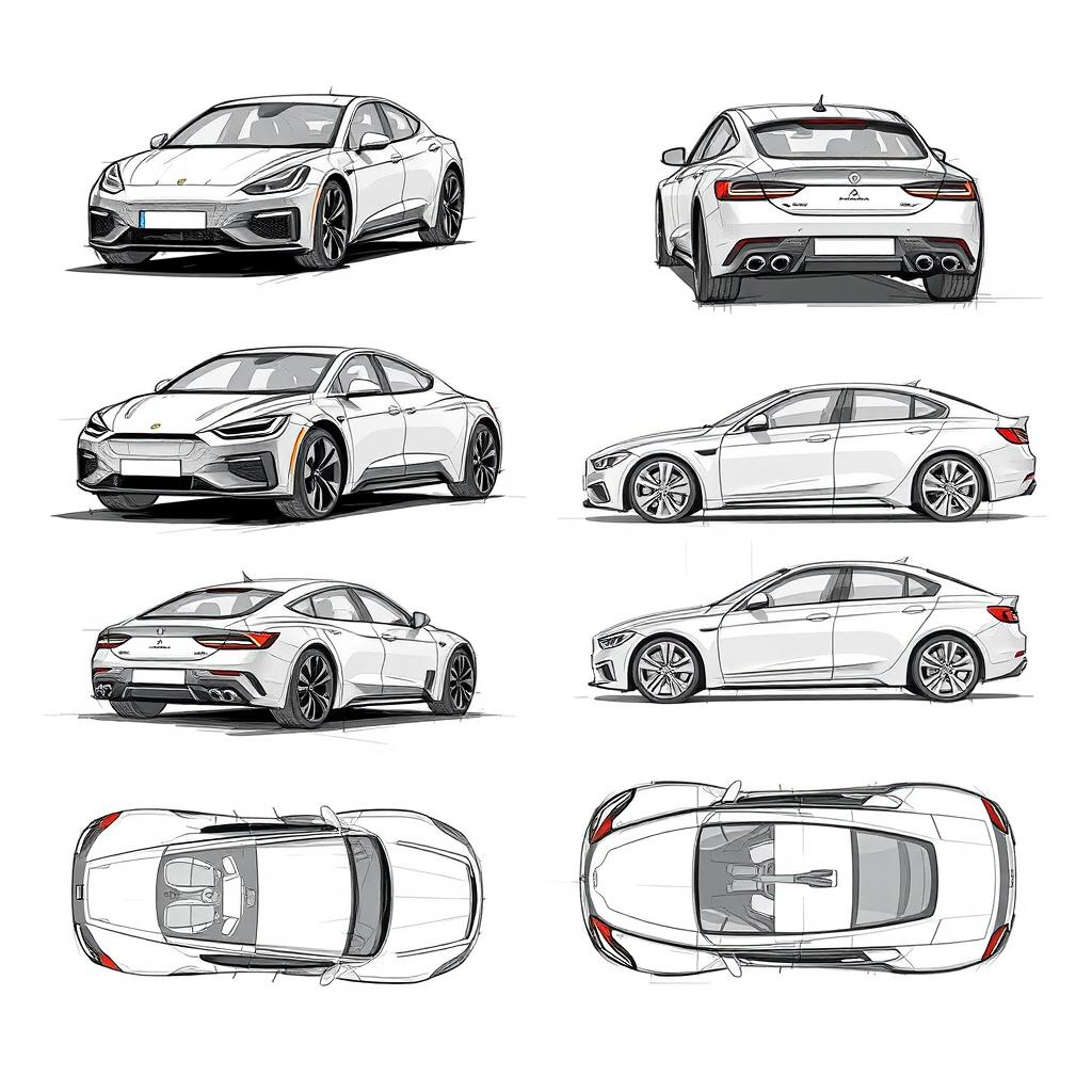 A captivating collection of 6 super sketch photos showcasing a single model car, illustrating views from multiple angles: front view, back view, right side view, left side view, top view, and an overhead view