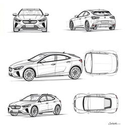 A captivating collection of 6 super sketch photos showcasing a single model car, illustrating views from multiple angles: front view, back view, right side view, left side view, top view, and an overhead view