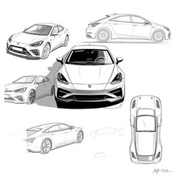 A captivating collection of 6 super sketch photos showcasing a single model car, illustrating views from multiple angles: front view, back view, right side view, left side view, top view, and an overhead view