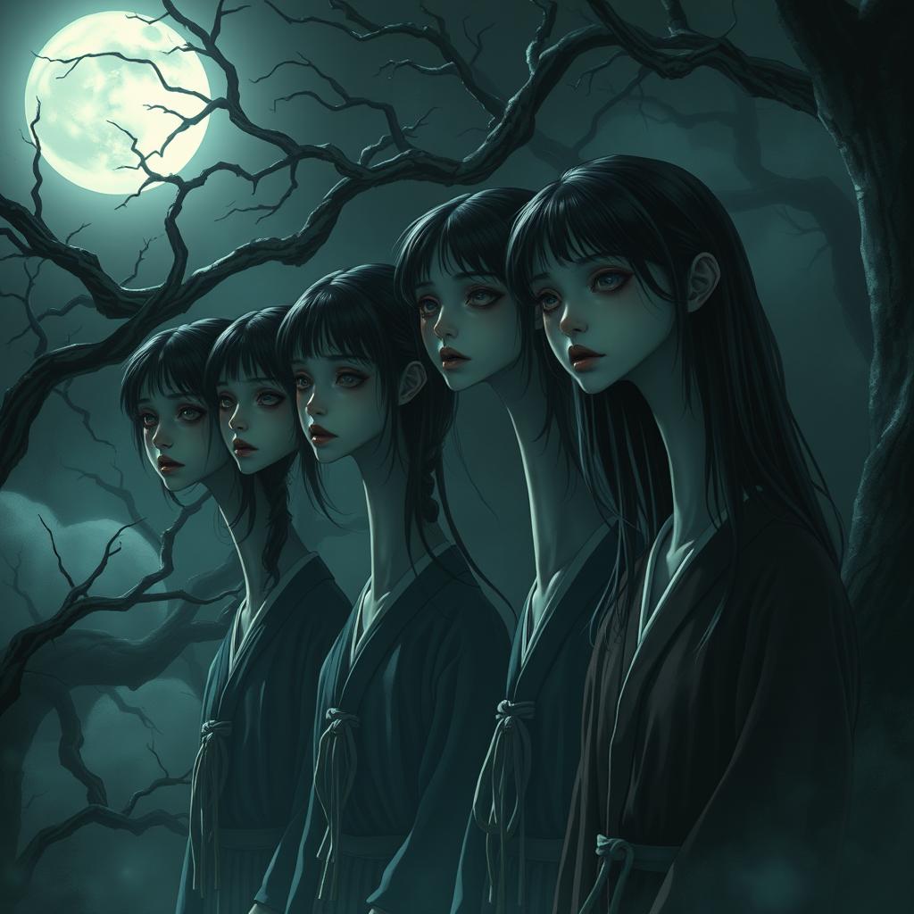 A hyper-realistic horror illustration featuring a group of Asian girls with extraordinarily long necks, set in a dark and foreboding environment