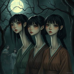 A hyper-realistic horror illustration featuring a group of Asian girls with extraordinarily long necks, set in a dark and foreboding environment