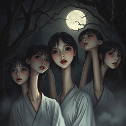 A hyper-realistic horror illustration featuring a group of Asian girls with extraordinarily long necks, set in a dark and foreboding environment