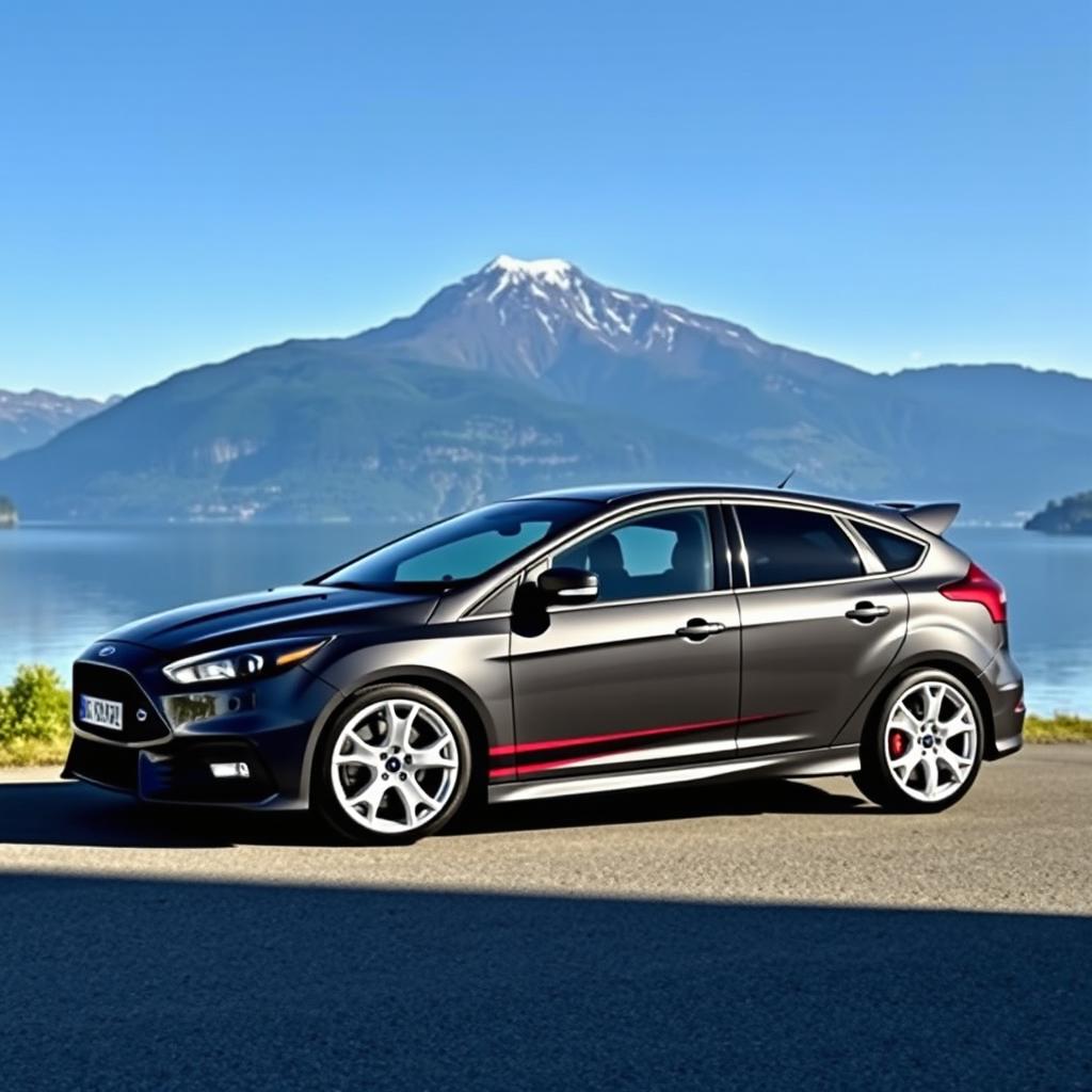 A dark gray Ford Focus RS with full white wheels and a double burgundy stripe on the side, positioned in front of the stunning Lake Gruyère with the Moléson mountain rising majestically in the background