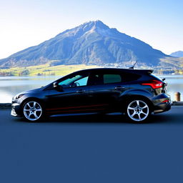 A dark gray Ford Focus RS with full white wheels and a double burgundy stripe on the side, positioned in front of the stunning Lake Gruyère with the Moléson mountain rising majestically in the background