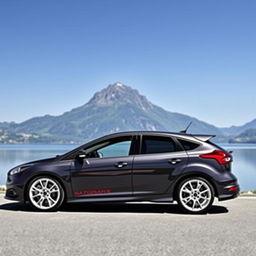 A dark gray Ford Focus RS with full white wheels and a double burgundy stripe on the side, positioned in front of the stunning Lake Gruyère with the Moléson mountain rising majestically in the background