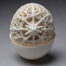 A white coral head transposed onto an eggshell, ornately decorated with intricate Renaissance patterns.