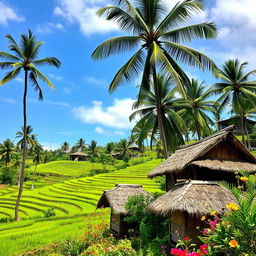 A serene Indonesian landscape featuring the iconic Tobruk style of architecture, characterized by its unique, traditional design that blends seamlessly with lush tropical surroundings