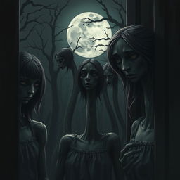 A hyper-realistic horror illustration featuring a group of girls with extraordinarily long necks, set in a dark, haunting environment