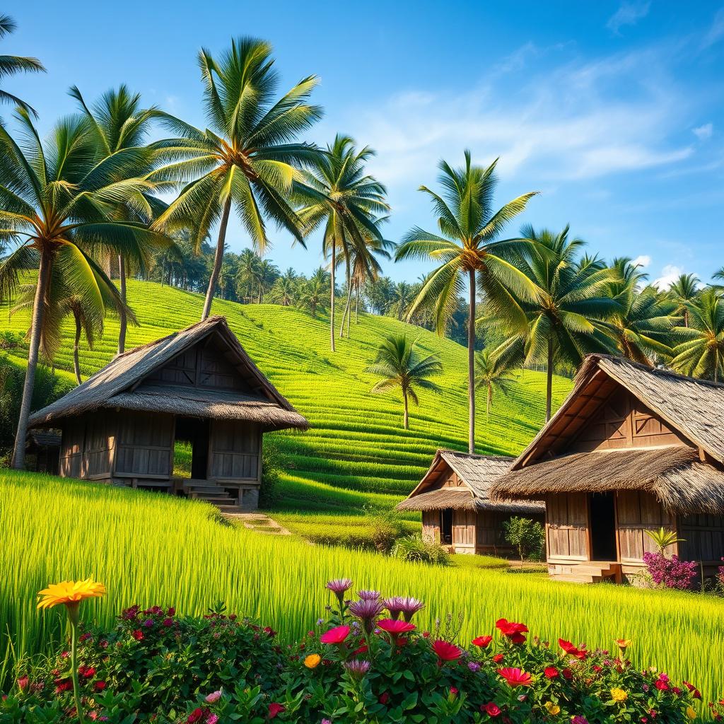 A serene Indonesian landscape featuring the iconic Tobruk style of architecture, characterized by its unique, traditional design that blends seamlessly with lush tropical surroundings