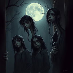 A hyper-realistic horror illustration featuring a group of girls with extraordinarily long necks, set in a dark, haunting environment