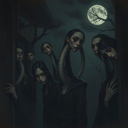 A hyper-realistic horror illustration featuring a group of girls with extraordinarily long necks, set in a dark, haunting environment