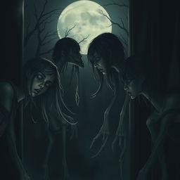 A hyper-realistic horror illustration featuring a group of girls with extraordinarily long necks, set in a dark, haunting environment