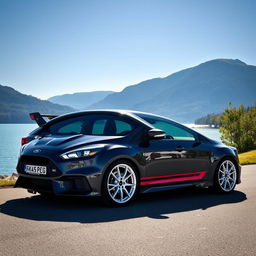 A dark grey Ford Focus RS with full white wheels, adorned with a double Burgundy stripe running down the sides