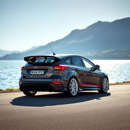 A dark grey Ford Focus RS with full white wheels, adorned with a double Burgundy stripe running down the sides