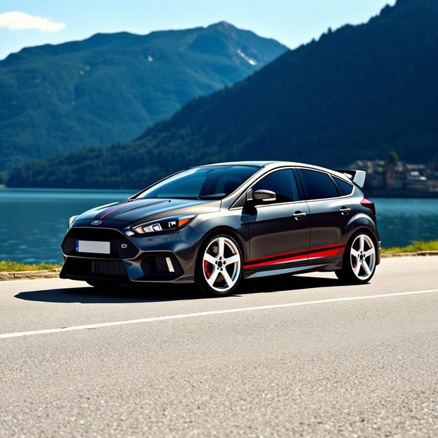 A dark grey Ford Focus RS with full white wheels, adorned with a double Burgundy stripe running down the sides