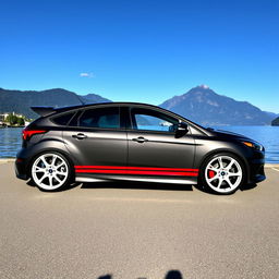 A dark grey Ford Focus RS with full white wheels, adorned with a double Burgundy stripe running down the sides