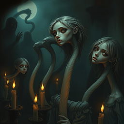 A hyper-realistic horror illustration featuring a group of girls with extraordinarily long necks, depicted in a dark and eerie setting