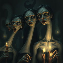 A hyper-realistic horror illustration featuring a group of girls with extraordinarily long necks, depicted in a dark and eerie setting