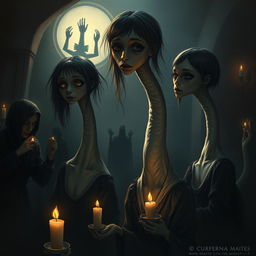 A hyper-realistic horror illustration featuring a group of girls with extraordinarily long necks, depicted in a dark and eerie setting