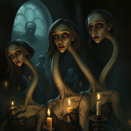 A hyper-realistic horror illustration featuring a group of girls with extraordinarily long necks, depicted in a dark and eerie setting