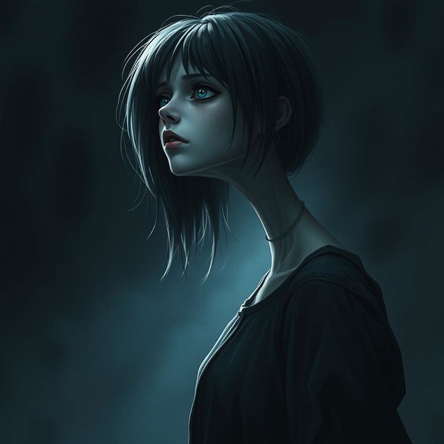 A hyper-realistic horror illustration featuring a single girl with an extraordinarily long neck, set in a chilling and atmospheric environment