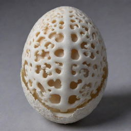 A white coral head transposed onto an eggshell, ornately decorated with intricate Renaissance patterns.