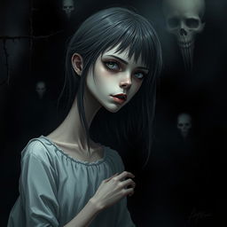 A hyper-realistic horror illustration featuring a single girl with an extraordinarily long neck, set in a chilling and atmospheric environment