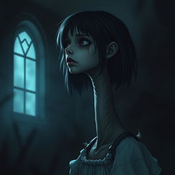 A hyper-realistic horror illustration featuring a single girl with an extraordinarily long neck, set in a chilling and atmospheric environment