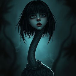 A hyper-realistic horror illustration featuring a single girl with an extraordinarily long neck, set in a chilling and atmospheric environment